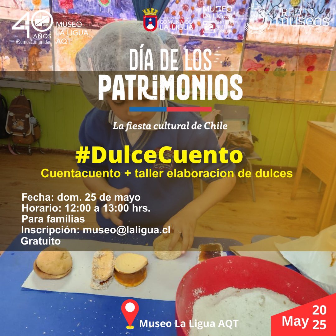 museolaligua's tweet photo. Les invitamos a participar de nuestros entretenidos y educativos talleres en el Día de Los Patrimonios que celebraremos el próximo 24 y 25 de mayo, organizados conjuntamente con @cecrealaligua y los dulceros de La Ligua.
Inscripción: museo@laligua.cl https://t.co/LibFRQuC8W