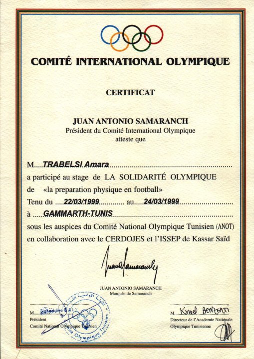 Diplôme du comité olympique ã <a href="/amara_trabelsi/">AMARA Trabelsi</a>