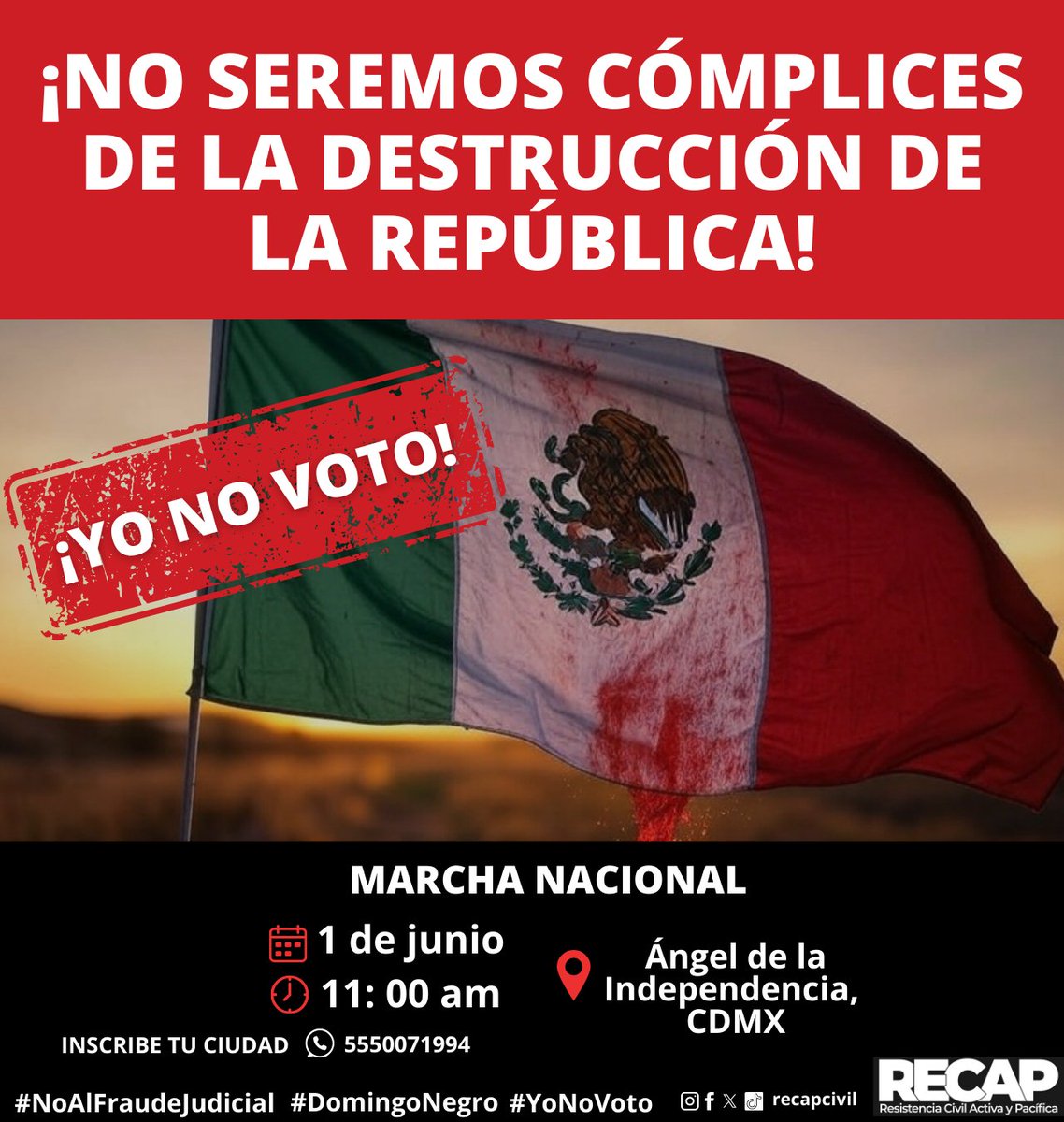 DeniseMeadeG's tweet image. Elección judicial amañada: ¡NO la legitimes! 1 de junio a las calles contra la destrucción del Poder Judicial. #YoNoVoto #DomingoNegro #NoAlFraudeJudicial
