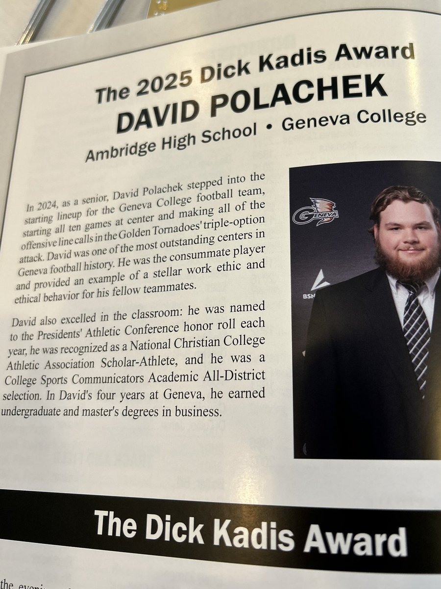 Will Bensing (@coachbensing) on Twitter photo Congrats to Senior Dave Polachek on winning for The Dick Kadis Award for outstanding college student athlete from Beaver County! Became our most consistent player on offense and graduated with two degrees 4 years! <a href="/GenevaCollegeFB/">Geneva College Football</a> Congrats to Senior Dave Polachek on winning for The Dick Kadis Award for outstanding college student athlete from Beaver County! Became our most consistent player on offense and graduated with two degrees 4 years! <a href="/GenevaCollegeFB/">Geneva College Football</a>