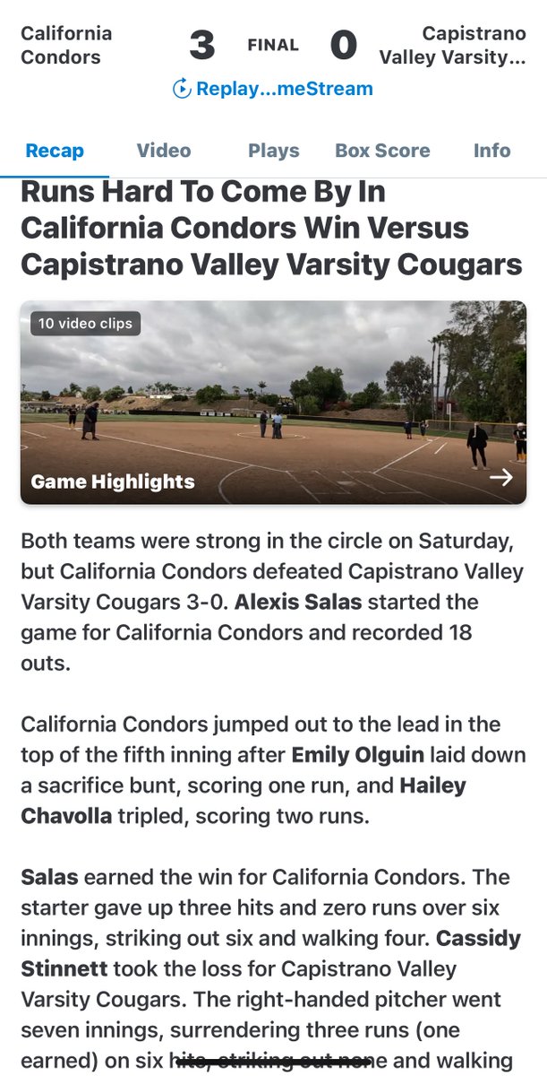 Cal Condors Softball ๐ฆ
๐ฅ (@calhi_softball) on Twitter photo Our Condors defeated Capo Valley 3-0 in the 2nd round of <a href="/CIFSS/">CIF Southern Section</a> playoffs. Alexis Salas pitched 6 shutout innings to earn the Win. Pricilla Ramirez earned the Save. Great Job Lady Condors!๐ฆ
๐ฅ๐ <a href="/SGVNSports/">Fred J. Robledo ๐จ๐ปโ๐ป</a> <a href="/James_Escarcega/">James Escarcega ๐๐๐โพ๏ธ๐ฅ ๐คผ๐คฝ๐ฝโโ๏ธ๐๐ผโโ๏ธ๐๐ปโฝ๏ธ</a> Our Condors defeated Capo Valley 3-0 in the 2nd round of <a href="/CIFSS/">CIF Southern Section</a> playoffs. Alexis Salas pitched 6 shutout innings to earn the Win. Pricilla Ramirez earned the Save. Great Job Lady Condors!๐ฆ
๐ฅ๐ <a href="/SGVNSports/">Fred J. Robledo ๐จ๐ปโ๐ป</a> <a href="/James_Escarcega/">James Escarcega ๐๐๐โพ๏ธ๐ฅ ๐คผ๐คฝ๐ฝโโ๏ธ๐๐ผโโ๏ธ๐๐ปโฝ๏ธ</a>