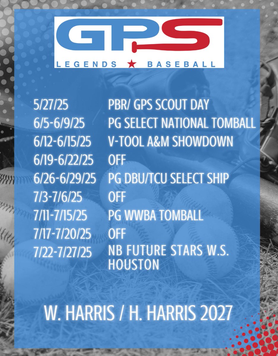 RyanGamblin2027's tweet photo. Here is my 2025 summer schedule, looking forward to a great season with GPS!
@GPSTEXASBASEBA1 @dstigerbaseball @SportsForceBB @beinbrink28 @Wade_Harris8 https://t.co/u6H5jRKd4U