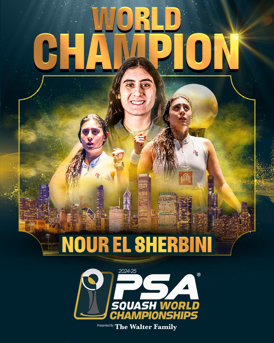 EL SHERBINI LEVELS THE RECORD! 🌍🏆

<a href="/noursherbini/">Nour el Sherbini</a> matches <a href="/NicolDavid/">Nicol David</a>'s record of 8⃣ World Champs titles! 🔥

Result: <a href="/PSAWorldChamps/">PSA World Championships</a> Women’s Final

🇪🇬 [2] Nour ElSherbini beats [3] Hania El Hammamy 🇪🇬
3-1: 11-5, 11-9, 4-11, 11-7 (61m)

#PSAWorldChamps