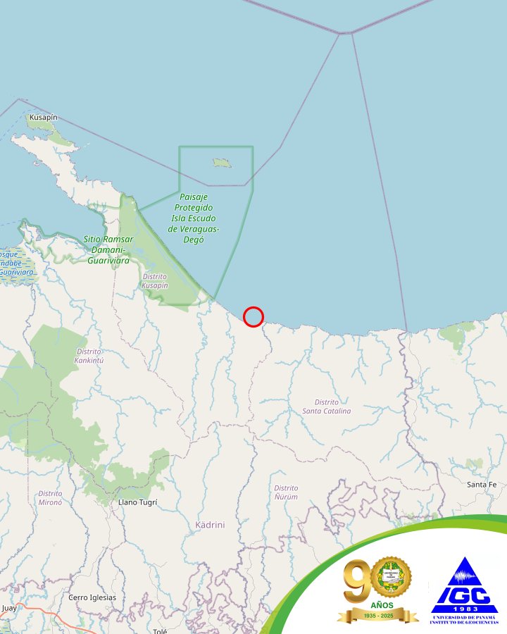 El Instituto de Geociencias de la Universidad de Panamá, reporta el siguiente evento:
Estado: PRELIMINAR
Fecha: 2025-05-17
Hora: 7:19:03PM hora local
Magnitud: 4.4
Profundidad: 10km
Localizado en Panamá a 57km al noroeste de Santa Fe.

Vía <a href="/igcpanamaup/">IGCPanamaUP</a>