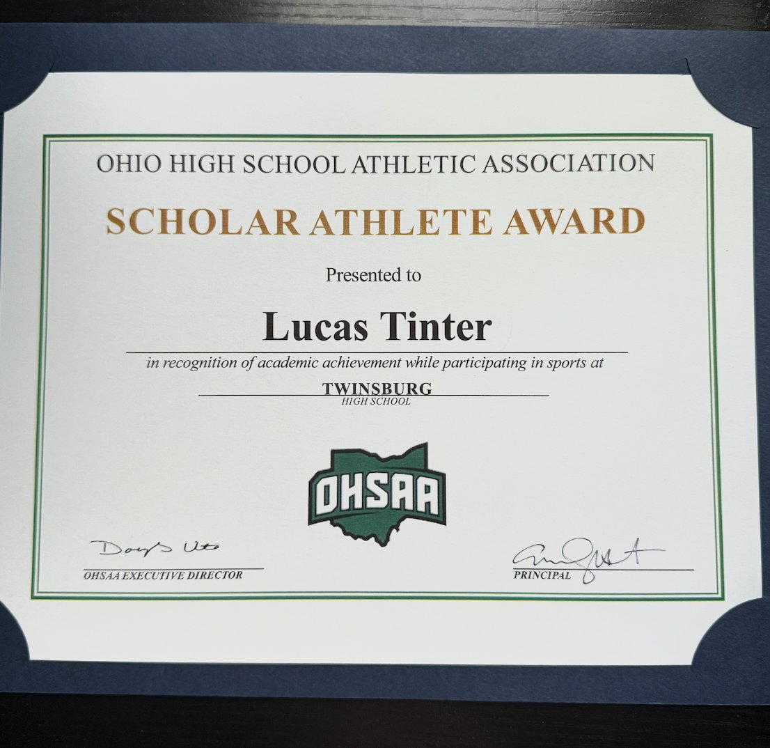 Lucas Tinter (@lucas_tinter) on Twitter photo Grateful to receive the <a href="/OHSAASports/">OHSAA Sports</a> Archie Griffin Sportsmanship Award and Scholar Athlete Award. The former is granted to students who demonstrate exemplary sportsmanship, ethics, and integrity. The latter is awarded to students who have lettered 4+ times and have a high GPA. Grateful to receive the <a href="/OHSAASports/">OHSAA Sports</a> Archie Griffin Sportsmanship Award and Scholar Athlete Award. The former is granted to students who demonstrate exemplary sportsmanship, ethics, and integrity. The latter is awarded to students who have lettered 4+ times and have a high GPA.