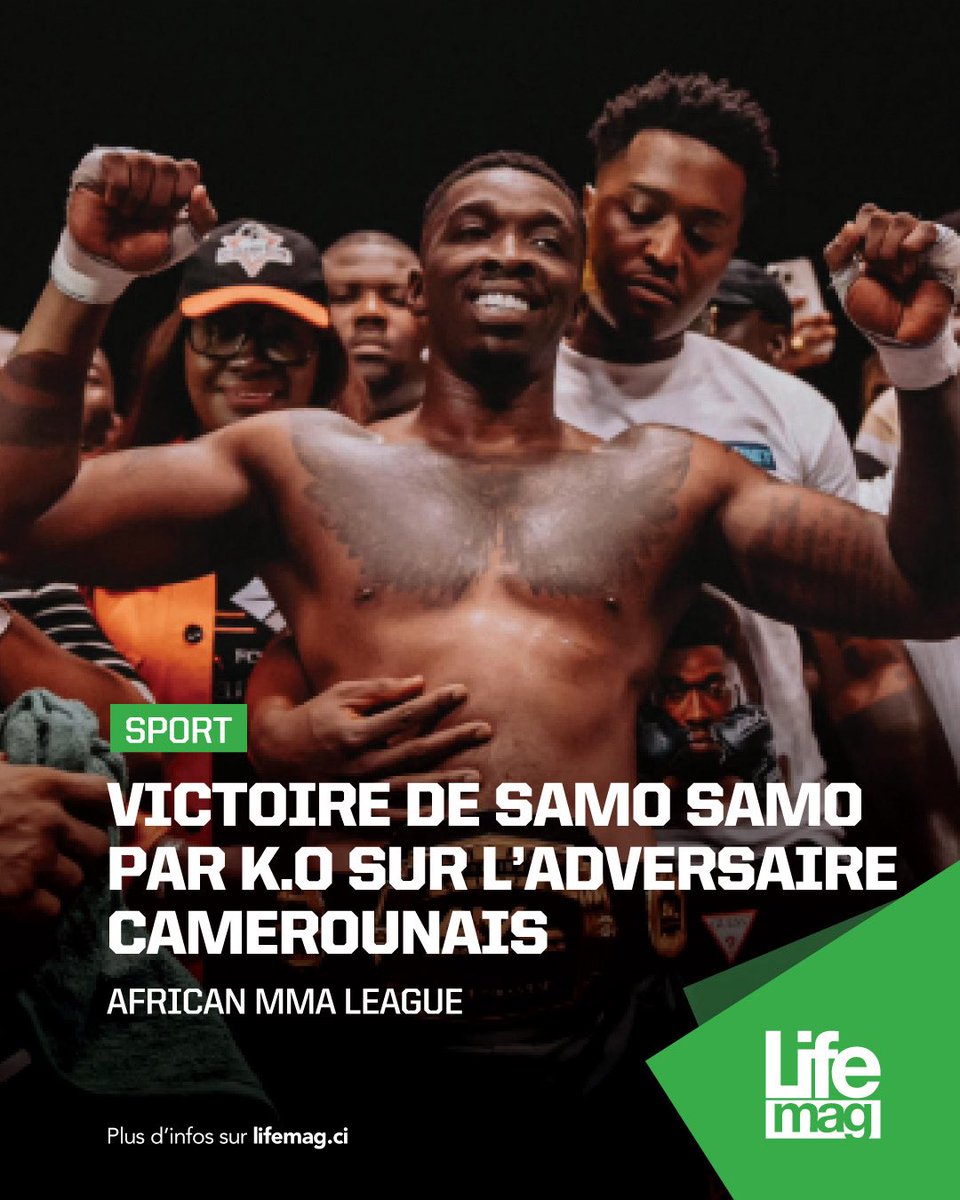 LifeMagazine_CI's tweet photo. #SPORT 🟢 SAMO SAMO 🇨🇮 conserve sa ceinture en battant par K.O son challenger camerounais Steve Lekeufack🇨🇲 au 3e round 👏👏👏
#lifemagci #SamoSamo #AfricanMMALeague https://t.co/kYTBpt8iTO
