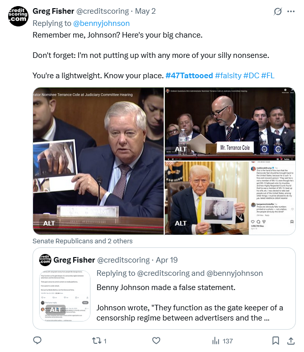 creditscoring's tweet image. @RepMarkGreen @Sec_Noem @DHSgov Chairman Green, your session was a circus. While the witness, the DHS secretary, repeatedly dodged the question about the photo, you said nothing.

Why did you let her waste my time? #2505N #47Tattooed #TN #DHS #distraction x.com/HomelandDems/s…