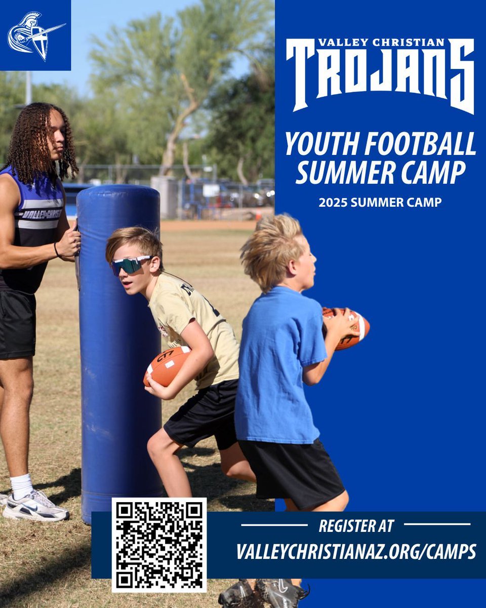 Calling all future stars! 🌟 Join us for 4 days of fun, fundamentals, and football with our experienced coaching staff.

Dates: June 2 – June 5, 2025
Time: 8:00 AM – 10:00 AM
$150
📍 VCS

Register at valleychristianaz.org/about/summer/
