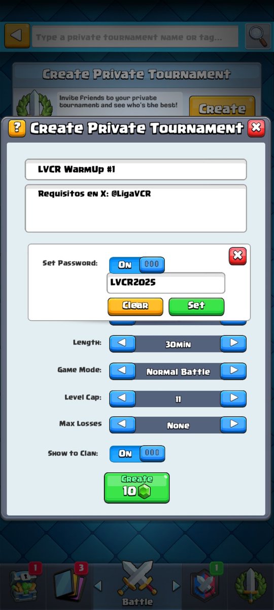 🎟️ TORNEO x PASS ROYALE 💎 🎟️ 

👤Requisitos: 
Seguir: 
@LigaVCR 
@LageonerYT 
Seguir al Caster

Modo normal. 
Duración 1 hora. 
5 Vidas
⏰| 17:00🇲🇽 | 19:00🇻🇪 | 1:00🇪🇸
🎙️| tiktok.com/@guti_clash?_t…