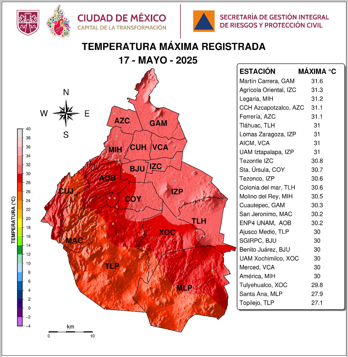 #CDMX: Hoy sábado se registraron hasta 31.6°C ⚠️ con tormentas en algunas zonas.

⛈️ Mañana domingo todavía tendremos ambiente caluroso (Tmáx. 30°C ⚠️) con potencial de lluvias/tormentas más generalizadas. Precaución.

🌦 Lunes con Tmáx. 30°C ⚠️ y lluvias/tormentas aisladas.