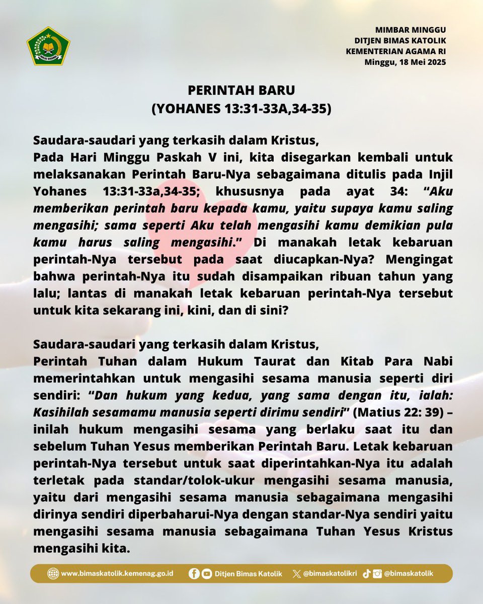 bimaskatolikri's tweet image. Mari kita lanjutkan melaksanakan Perintah Baru dengan mengasihi sesama manusia dan juga alam semesta sebagaimana Tuhan Yesus Kristus mengasihi kita semua.

#mimbarminggu 
#katolik