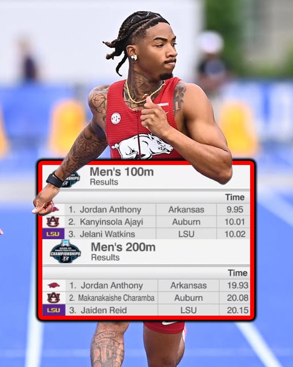 Travis Miller (@travismillerx13) on Twitter photo In the span of one hour Jordan Anthony put on a SHOW!
๐Two SEC titles and a wind legal 9.95 + 19.93๐
(๐ท: <a href="/RazorbackTF/">RazorbackTF/XC</a>) In the span of one hour Jordan Anthony put on a SHOW!
๐Two SEC titles and a wind legal 9.95 + 19.93๐
(๐ท: <a href="/RazorbackTF/">RazorbackTF/XC</a>)