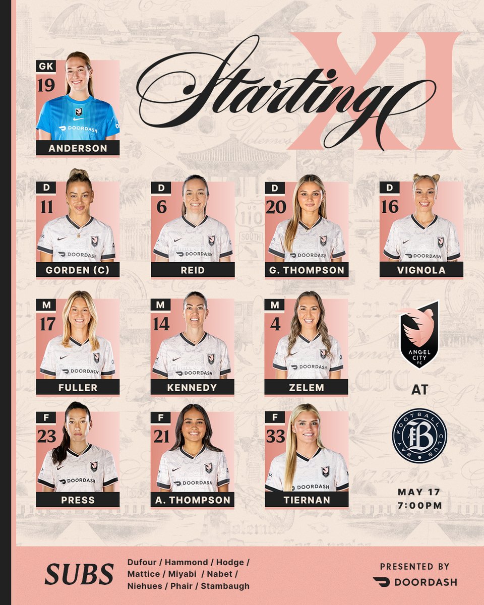 weareangelcity's tweet photo. The #AngelCityFC Starting XI for #BAYvLA.

#Volemos | #NWSL | @DoorDash https://t.co/CuI0fWBCoc