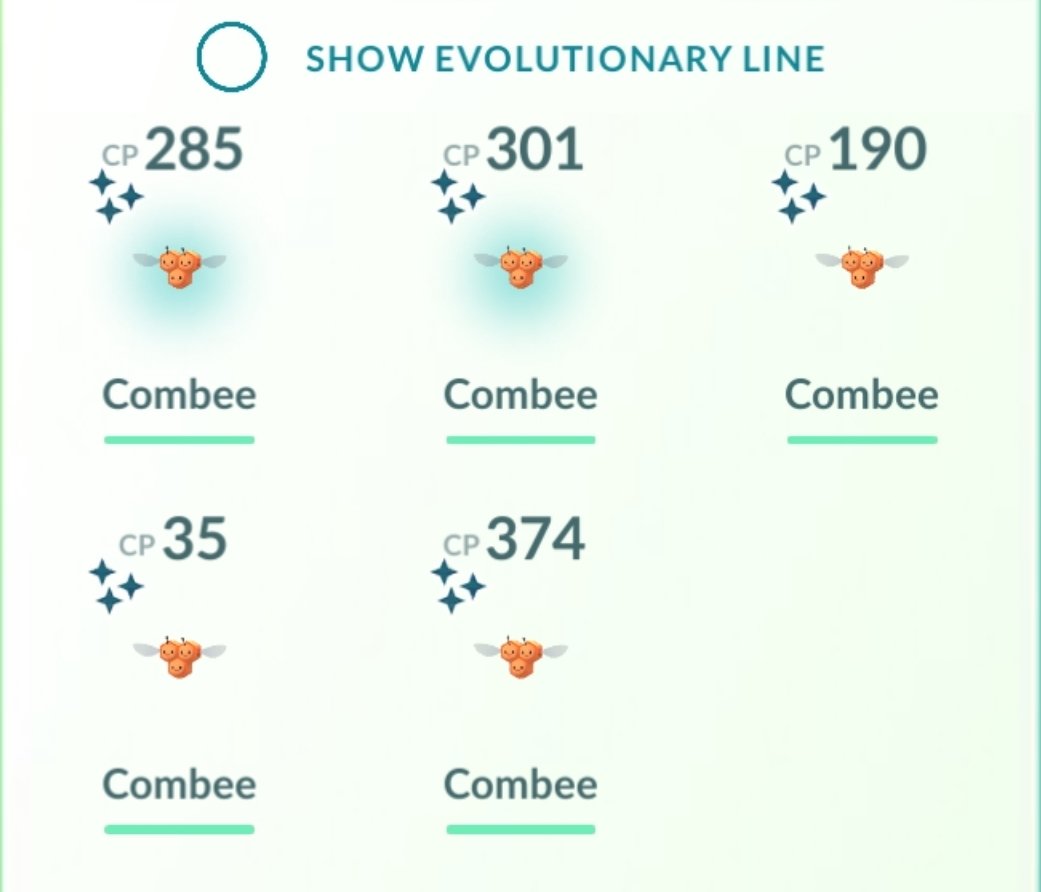 Assass1nDucky's tweet photo. A total of 5 shiny MALE combee over the course of the last few days 🥲
#Pokemongo #shinypokemon #shinycombee #combee https://t.co/fqJD3jcj9f