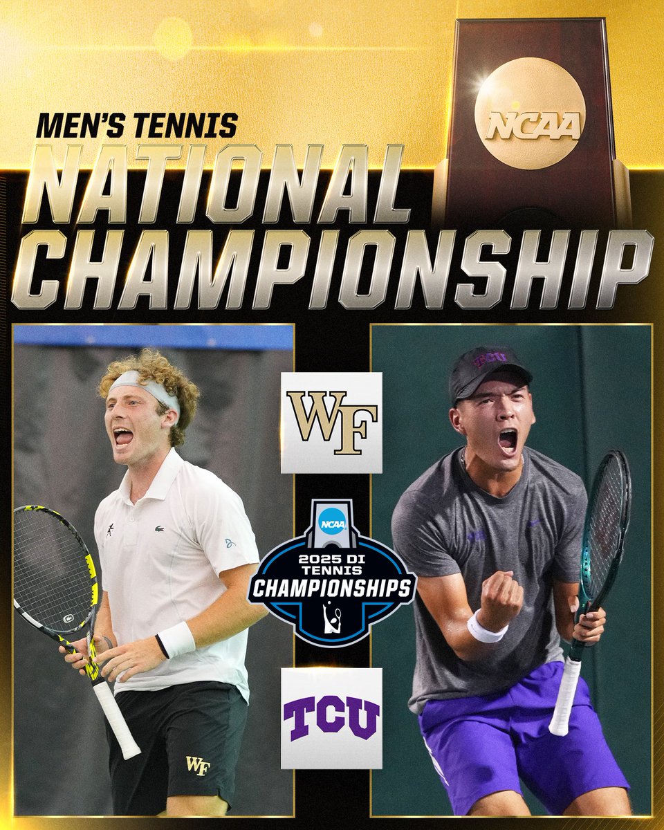 NCAA Tennis (@ncaatennis) on Twitter photo Sunday's championship match is officially set 🏆
🎩 No. 1 <a href="/WakeMTennis/">Wake Forest Men's Tennis</a> vs. 🐸 No. 2 <a href="/TCUMensTennis/">TCU Men's Tennis</a>
#NCAATennis Sunday's championship match is officially set 🏆
🎩 No. 1 <a href="/WakeMTennis/">Wake Forest Men's Tennis</a> vs. 🐸 No. 2 <a href="/TCUMensTennis/">TCU Men's Tennis</a>
#NCAATennis