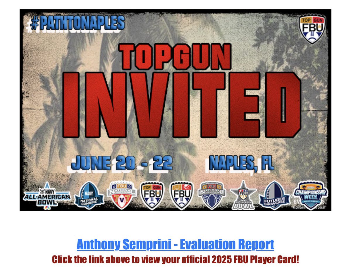 Anthony Semprini (@anthonysemp12) on Twitter photo Thank you <a href="/FBUcamp/">Football University</a> and all the great coaches for a great camp today and an invite to #TopGun25 in Naples FL. <a href="/QBHitList/">QBHitList.com</a> <a href="/NE6FB_Recruits/">NE-Recruits</a>
<a href="/AFactory_NH/">Athlete Factory</a> <a href="/TK_247/">Trevor Knight</a> <a href="/PRZNewEngland/">Prep Redzone New England</a> <a href="/PRZVicCastillo/">VicCastilloPRZ</a> #True28NHQB Thank you <a href="/FBUcamp/">Football University</a> and all the great coaches for a great camp today and an invite to #TopGun25 in Naples FL. <a href="/QBHitList/">QBHitList.com</a> <a href="/NE6FB_Recruits/">NE-Recruits</a>
<a href="/AFactory_NH/">Athlete Factory</a> <a href="/TK_247/">Trevor Knight</a> <a href="/PRZNewEngland/">Prep Redzone New England</a> <a href="/PRZVicCastillo/">VicCastilloPRZ</a> #True28NHQB