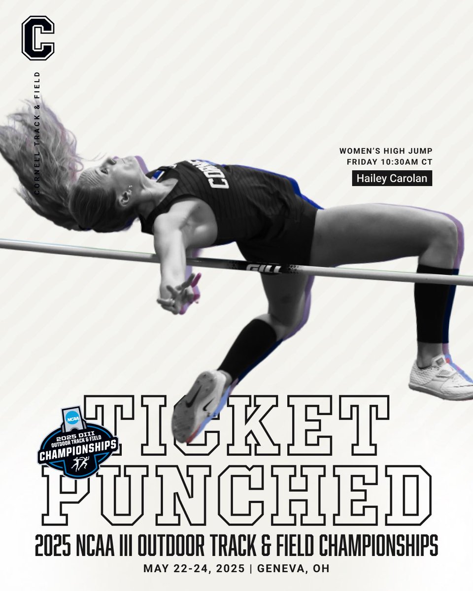🎟️𝑻𝑰𝑪𝑲𝑬𝑻𝑺 𝑷𝑼𝑵𝑪𝑯𝑬𝑫👊

Hailey Carolan has officially qualified for the 2025 <a href="/NCAADIII/">NCAA Division III</a> Outdoor Track &amp; Field Championships in Geneva, Ohio!

Friday, May 23rd
High Jump: 10:30am CST

#TicketPunched | #D3TF | #RollRams