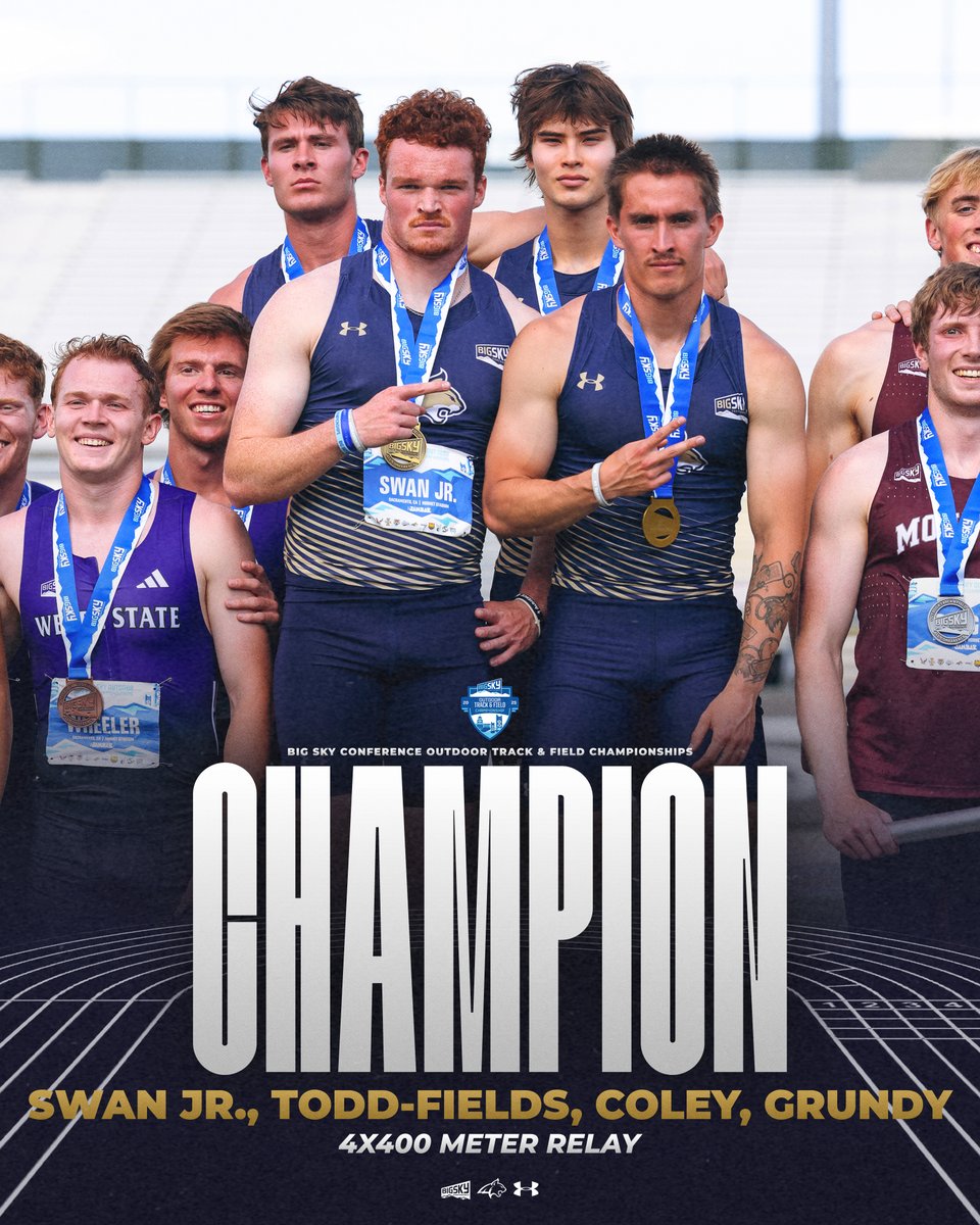 MSUBobcatsTFXC's tweet photo. 𝗕𝗜𝗚 𝗦𝗞𝗬 𝗖𝗛𝗔𝗠𝗣𝗜𝗢𝗡 💍

The men's 4x400 meter relay team of Michael Swan Jr., Stryder Todd-Fields, Nash Coley, and Jett Grundy win their second straight Big Sky outdoor title! ⚡️

#GoCatsGo https://t.co/k2d6UnIepp