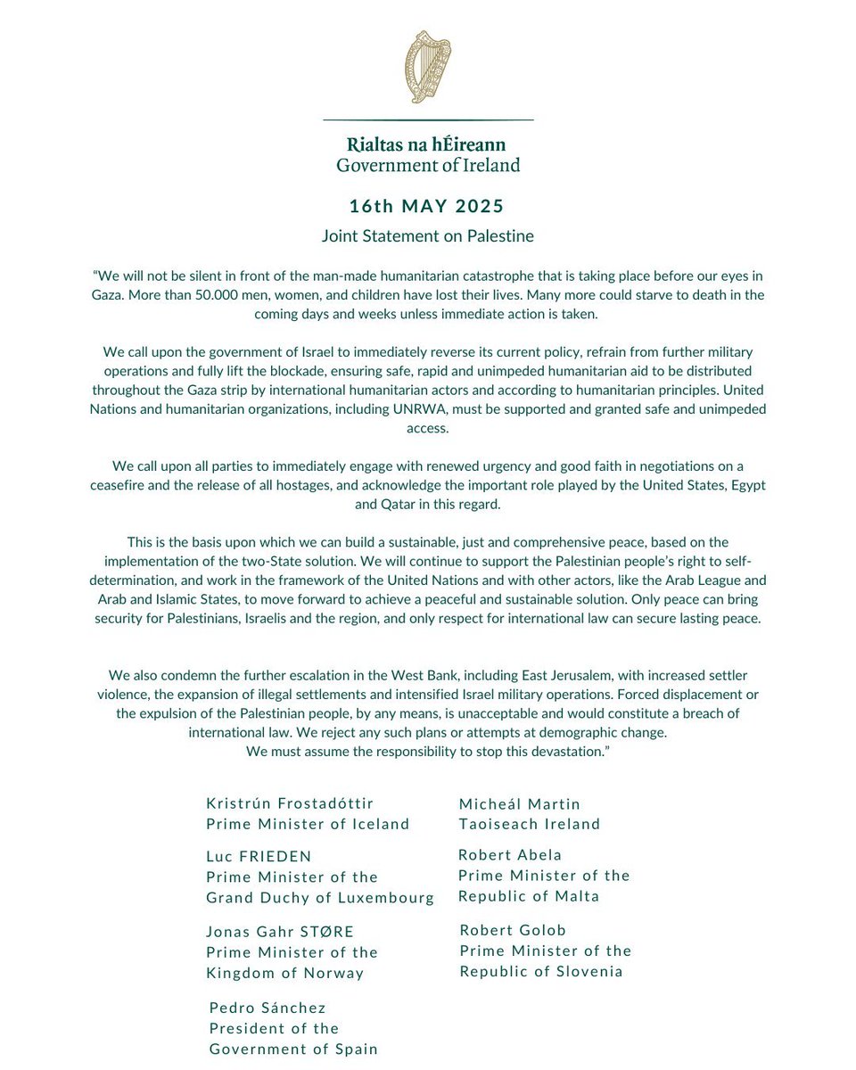 Seis miembros de la Unión Europea más Islandia dicen: "No permaneceremos en silencio ante la catástrofe humanitaria hecha por el hombre frente a nuestros ojos en Gaza".
