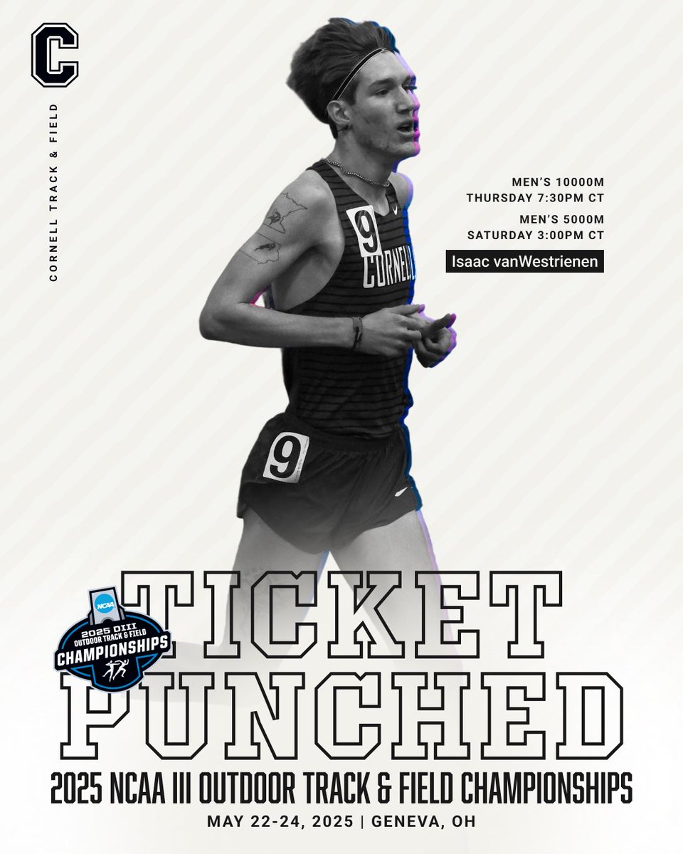 🎟️𝑻𝑰𝑪𝑲𝑬𝑻𝑺 𝑷𝑼𝑵𝑪𝑯𝑬𝑫👊

Isaac vanWestrienen has officially qualified for the 2025 <a href="/NCAADIII/">NCAA Division III</a> Outdoor Track &amp; Field Championships!

Thursday, May 22nd
10,000m: vanWestrienen - 7:30pm CST

Saturday, May 24th
5000m: vanWestrienen - 3:00pm CST

#TicketPunched | #D3TF