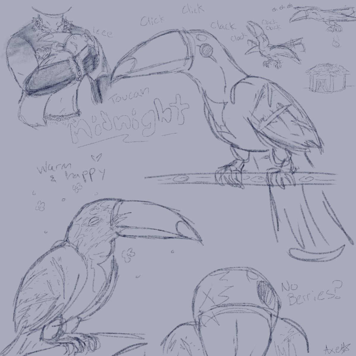 Little toucan Midnight doodles I did from my rp for Quincy and Midnight's first canon interaction

He's so silly looking 
Bird boy belongs to <a href="/Toebeans3000/">Toast</a>