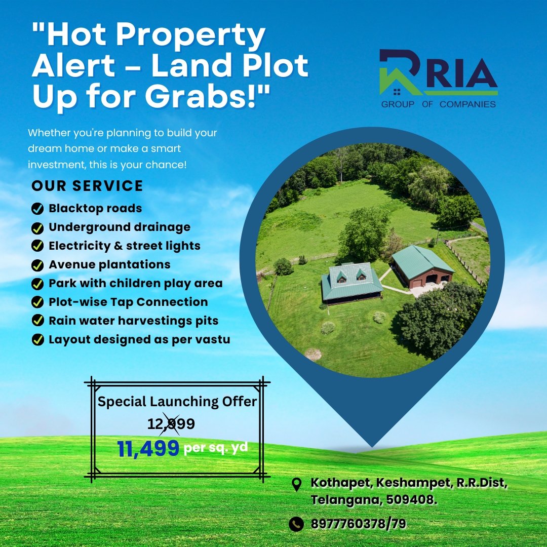 Rriagroups's tweet image. Plot @ Kothapet, keshampet 
₹11,499/sq. yd | Roads, park, lights, vastu
Call: 8977760378/79
RRIA Group
#LandForSale #PlotInvestment #KothapetPlots #TelanganaRealEstate #VastuPlots #RRIAGroup #DreamHome #SmartInvestment #PropertyDeal #OpenPlots #RealEstateIndia #LandInvestment