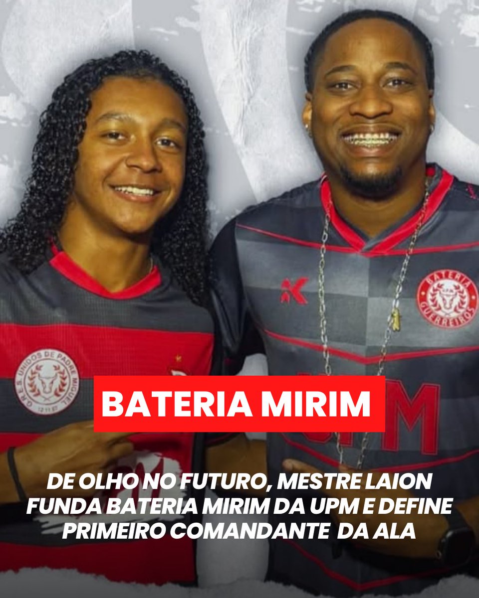 🥁 A <a href="/GRESUPM/">Unidos de Padre Miguel</a> agora tem uma bateria mirim para chamar de sua. Criada por Mestre <a href="/Laion_Arc/">•Laion J•</a>, recentemente anunciado como o novo Mestre de Bateria da 'Guerreiros da Unidos', a jovem bateria do Boi Vermelho da Vintém será comandada por Gustavo Henrique (E), de apenas 18 anos.