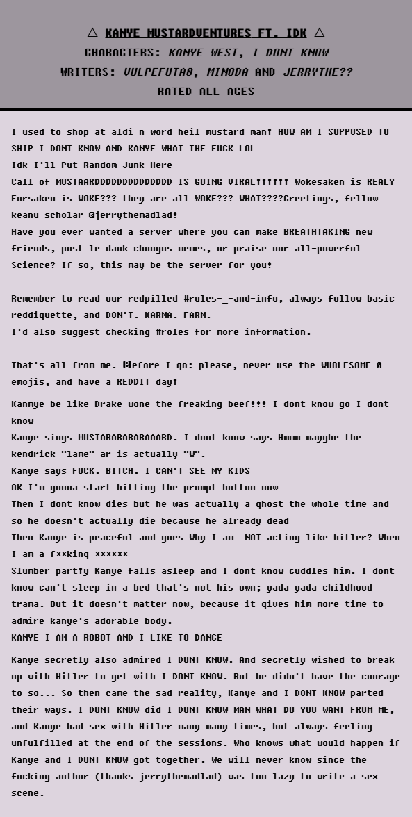 markiplieryuri's tweet photo. Check out this #FranticFanfic 'KANYE MUSTARDVENTURES FT. IDK' featuring the characters kanye west and i dont know! via @franticfanfic https://t.co/1JSYMNHIgM