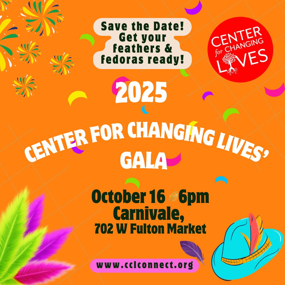 🪶 Save the date!
CCL’s 2025 Gala: Fedoras &amp; Feathers 🎭
📅 Oct 16 | 📍 Carnivale, Chicago
✨Celebrate resilience, transformation &amp; fearless futures!

🎟️ Tickets launch in June
🤝 Sponsorships available now at cclconnect.org/gala!
#CCLGala2025 #FearlessFutures #SupportCCL