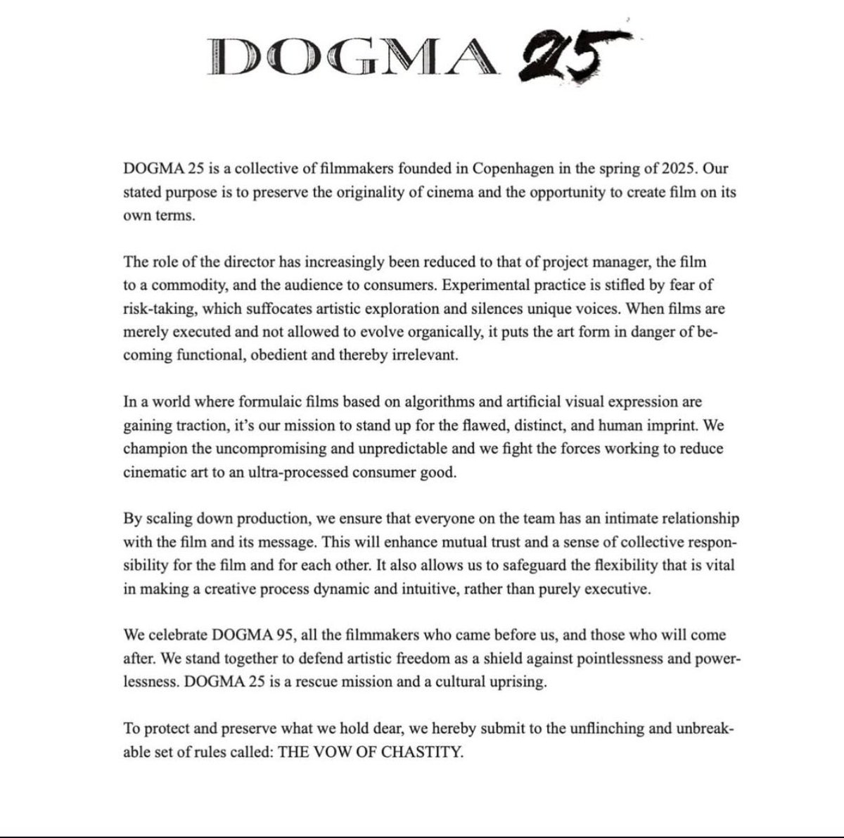 Gonyz's tweet photo. El manifiesto del #Dogma95 acaba de ser renovado durante #Cannes2025.
Estas son las reglas y fundamentos del ahora llamado #Dogma25: https://t.co/xUVfaciULz