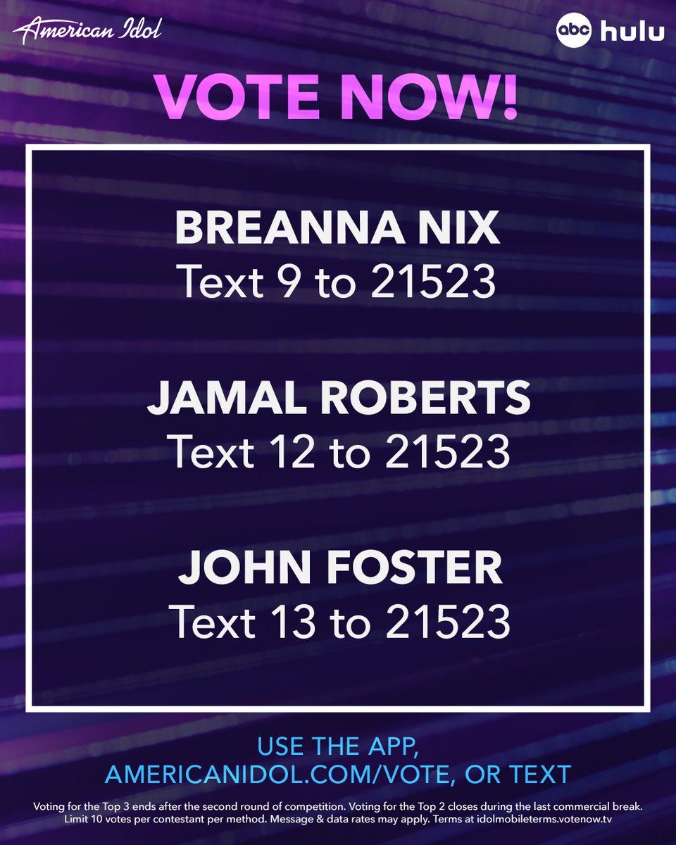 American Idol (@americanidol) on Twitter photo IDOL's on ABC, LIVE coast-to-coast! 🎤🙌 Vote now for your WINNER, America!
3️⃣ ways to vote: 
🌟Go to americanidol.com/vote
🌟Use the #AmericanIdol App 
🌟Text the Idol's number to 21523  IDOL's on ABC, LIVE coast-to-coast! 🎤🙌 Vote now for your WINNER, America!
3️⃣ ways to vote: 
🌟Go to americanidol.com/vote
🌟Use the #AmericanIdol App 
🌟Text the Idol's number to 21523 