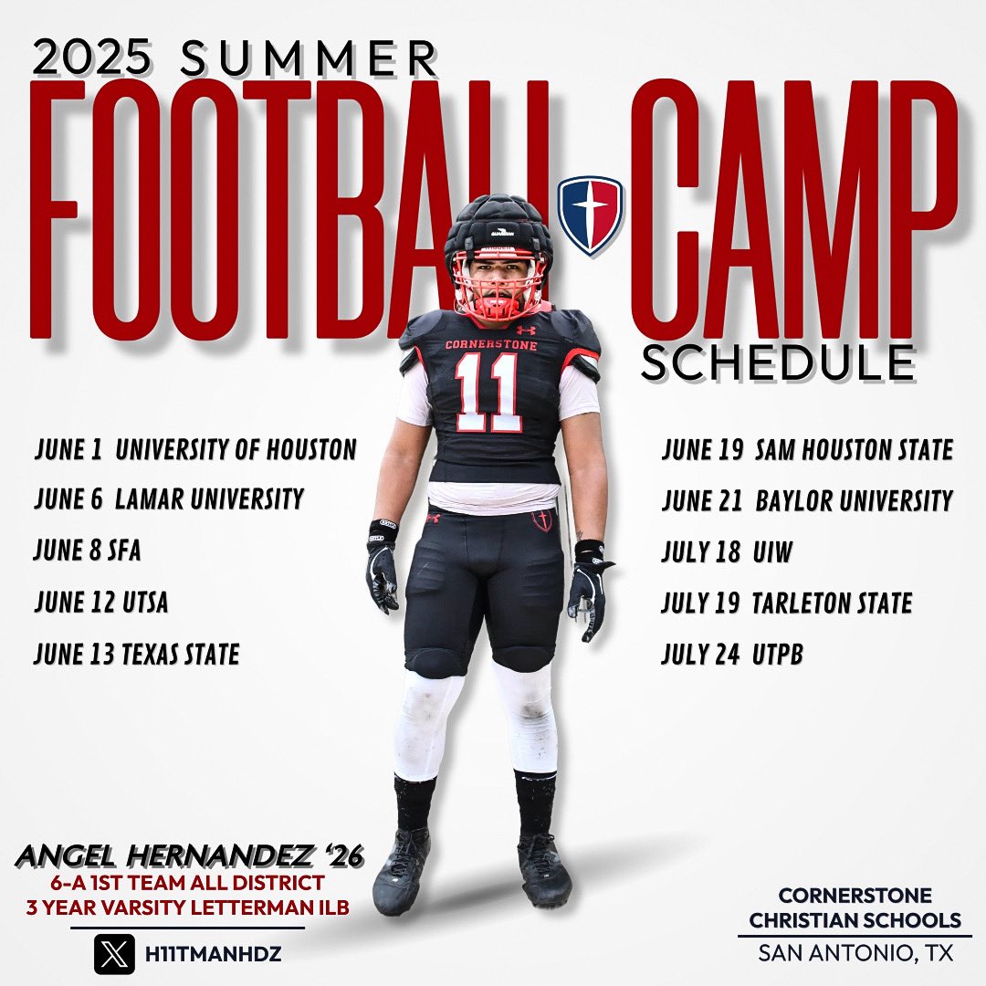 Angel Hernandez (@h11tmanhdz) on Twitter photo Locked in for the summer! Catch me at these camps!! Ready to compete, learn, and leave it all on the field. Letโs work!
<a href="/CCSRecruitingFB/">Cornerstone Football Recruiting</a> <a href="/coach9cg/">Clayton Guillory</a> <a href="/CornerstoneFB/">Cornerstone Warrior Football</a> <a href="/TXPrivateFBGuy/">Texas Private School Football</a> <a href="/TXFBrecruiting/">TX High School Football Recruiting</a> Locked in for the summer! Catch me at these camps!! Ready to compete, learn, and leave it all on the field. Letโs work!
<a href="/CCSRecruitingFB/">Cornerstone Football Recruiting</a> <a href="/coach9cg/">Clayton Guillory</a> <a href="/CornerstoneFB/">Cornerstone Warrior Football</a> <a href="/TXPrivateFBGuy/">Texas Private School Football</a> <a href="/TXFBrecruiting/">TX High School Football Recruiting</a>