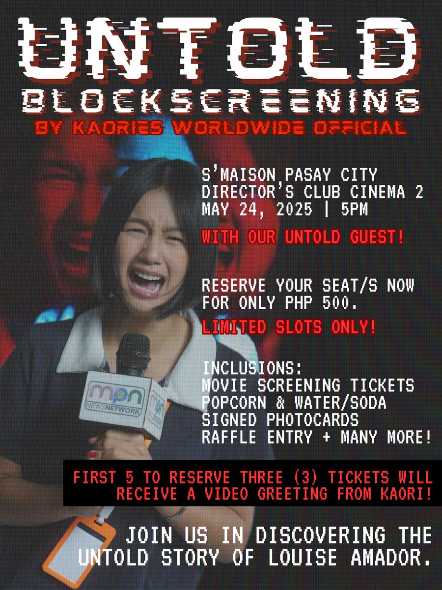 Hi Everyone! 

You read that right — a special promo is waiting just for you!
Reserve 3 tickets and get a chance to receive something special.

🎁 The first 5 to reserve 3 tickets will receive an exclusive video greeting from Kaori!

📍 S’Maison Pasay – Director’s Club
📅 May 24,