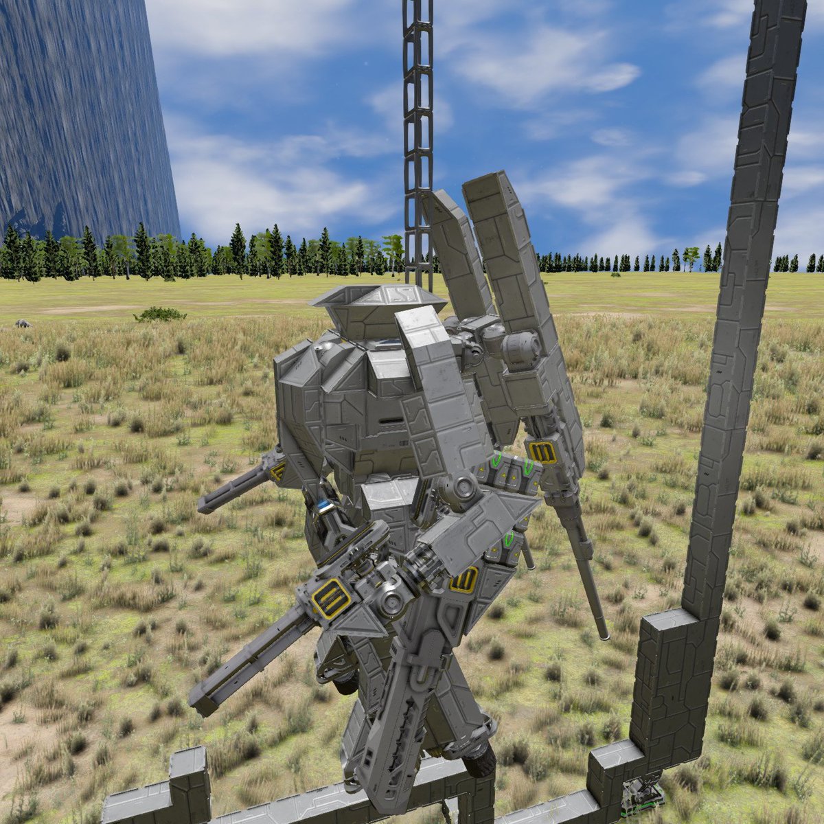 Caernavon2's tweet photo. #SpaceEngineers 
背中装備をどうやって3x3に収めるか悩んでたが、むしろ左右に大きく分けるという発想をもらい無事終了

次はこいつのフレーム参考にまともに動ける拡大版設計かあ… https://t.co/xRqAIN5Oya