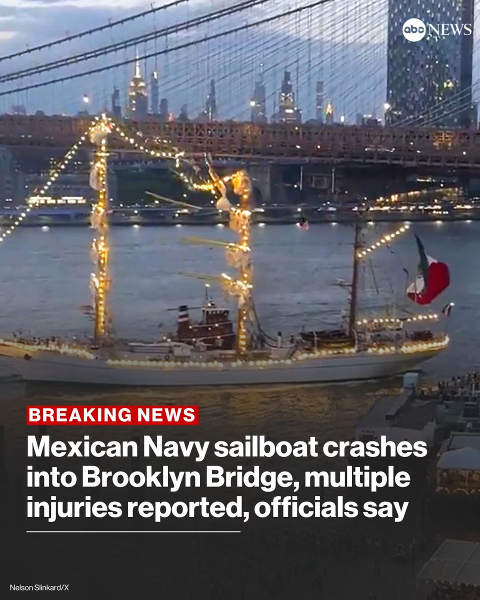 BREAKING: A Mexican Navy sailboat crashed into the Brooklyn Bridge Saturday evening, according to the New York Police Department and the Mexican Navy.

The crash resulted in multiple injuries being reported, the NYPD said. abcnews.link/sXSAyyP
