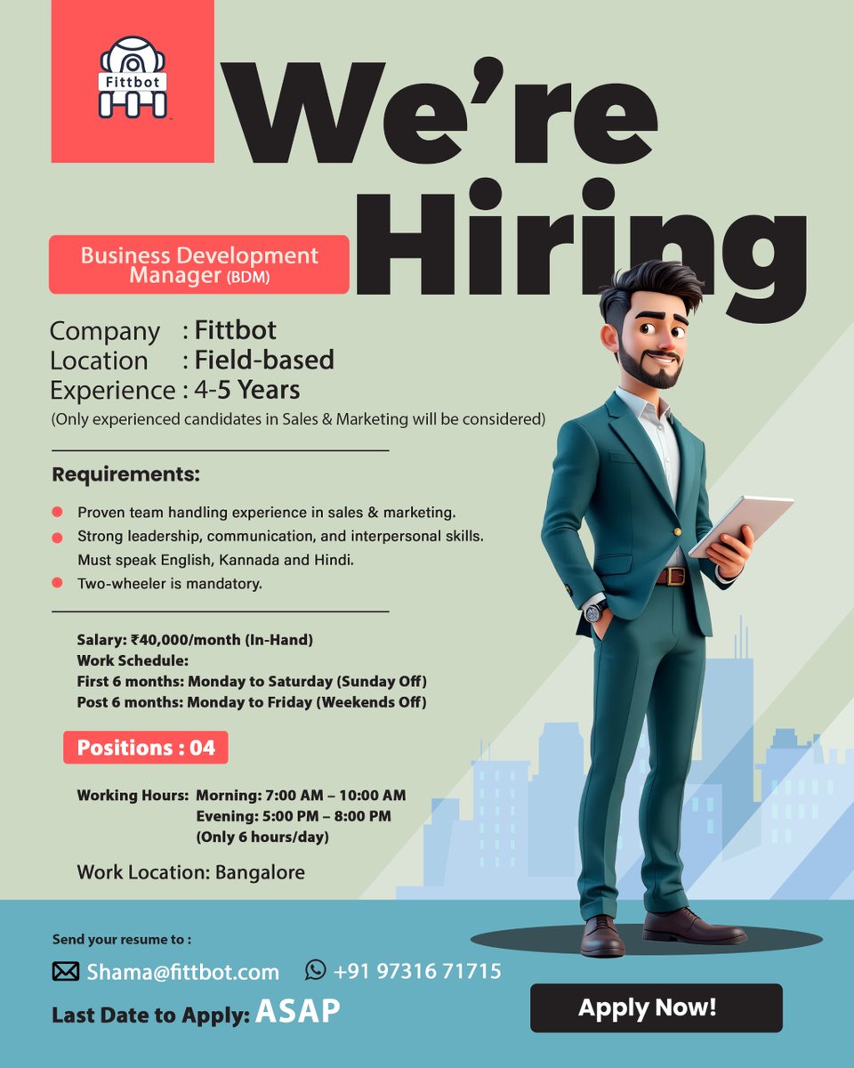 NishadShaik_'s tweet photo. Exciting opportunity for energetic and experienced BDMs! We're hiring! Interested candidates can reach out to the HR representative mentioned in the image.
#Fittbot https://t.co/VJCSjHGfNY