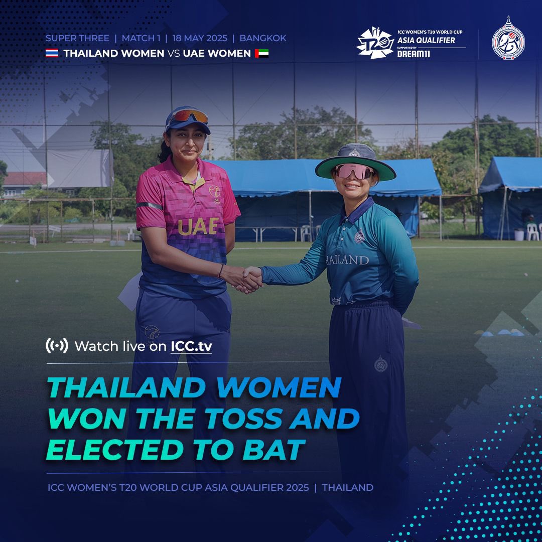 𝐈𝐂𝐂 𝐖𝐎𝐌𝐄𝐍𝐒 𝐓𝟐𝟎 𝐖𝐂 𝐀𝐒𝐈𝐀 𝐐𝐔𝐀𝐋𝐈𝐅𝐈𝐄𝐑 𝟐𝟎𝟐𝟓

𝐓𝐇𝐀𝐈𝐋𝐀𝐍𝐃 𝐖𝐎𝐌𝐄𝐍 𝐖𝐎𝐍 𝐓𝐇𝐄 𝐓𝐎𝐒𝐒 𝐀𝐍𝐃 𝐃𝐄𝐂𝐈𝐃𝐄𝐃 𝐓𝐎 𝐁𝐀𝐓 𝐅𝐈𝐑𝐒𝐓 

Live Score : tinyurl.com/ywy9d6mk

Watch Live : ICC.TV

#iccwomenst20worldcupasiaqualifier