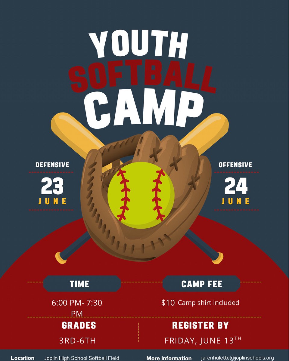 Joplin Eagle Softball (@jhseagle) on Twitter photo The Joplin Softball Program will be hosting a Youth Softball Camp for young ladies in 3rd- 6th grade.
Payment can be brought the night of camp. Checks can be made payable to Joplin Softball. Registration link: docs.google.com/forms/d/16Qpsw…
Or Email: jarenhulette@joplinschools.org The Joplin Softball Program will be hosting a Youth Softball Camp for young ladies in 3rd- 6th grade.
Payment can be brought the night of camp. Checks can be made payable to Joplin Softball. Registration link: docs.google.com/forms/d/16Qpsw…
Or Email: jarenhulette@joplinschools.org