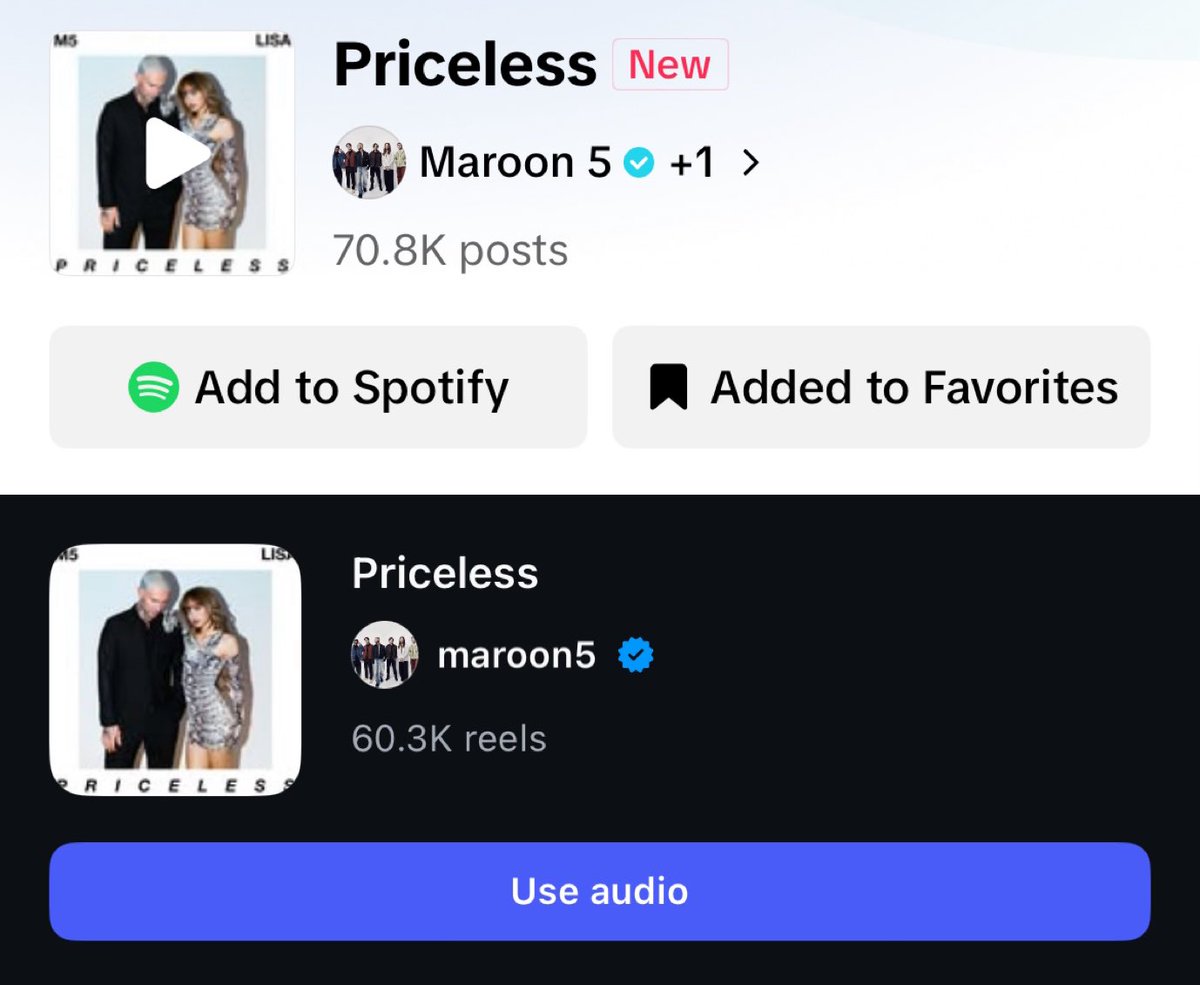 “Priceless” by Maroon 5 ft. #LISA has now been featured in over 60,000 Instagram reels and over 70,000 TikTok posts!

Keep using the official sound on TikTok, Instagram and Facebook. 

#MAROON5xLISA_PRICELESS #LISAxPRICELESS