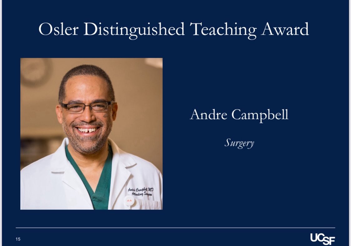 Andre Campbell, MD, FACS, FACP, FCCM, MAMSE, FCCOS (@traumadocsf) on Twitter photo Many thanks to the <a href="/UCSFMedicine/">UCSF School of Medicine</a> Class of 2025 who just selected me as the Osler Distinguished Teacher! The class of 1957 started the awarded in 2007 to celebrate physicians who great teachers, compassionate physicians and mentor. I am the first surgeon recipient! <a href="/UCSFSurgery/">UCSF Surgery</a> j Many thanks to the <a href="/UCSFMedicine/">UCSF School of Medicine</a> Class of 2025 who just selected me as the Osler Distinguished Teacher! The class of 1957 started the awarded in 2007 to celebrate physicians who great teachers, compassionate physicians and mentor. I am the first surgeon recipient! <a href="/UCSFSurgery/">UCSF Surgery</a> j