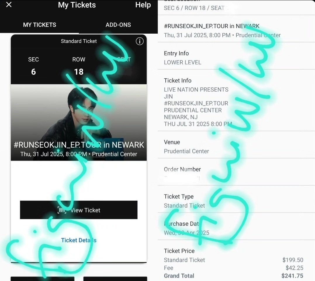 Figuitan's tweet photo. [WTS] Run Seokjin EP Tour Newark D2 July 31st

Selling (1) one Lower Level Seat
Section 6, row 18
Want: $200 (paid $241.75 FV)

RFS: I found a better seat. I'll be there the day of too!

DM me here or at figuiwluv on IG (you can see sale proofs there too)

#RUNSEOKJIN_EP_TOUR https://t.co/2T10vkPvvb