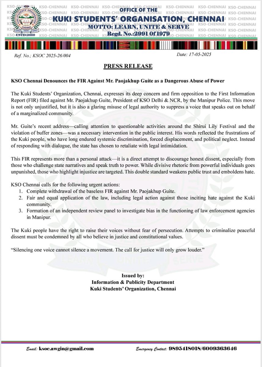 minkukizo's tweet photo. I had hoped the shameless Manipur Police would change course after Biren Singh’s fall—but clearly, the rot runs deeper. The same force that handed over Kuki women to be paraded naked and allowed Meira Paibis to burn a child alive now files FIRs against student leaders for daring to speak out. No FIR for rapists, arsonists, or murderers—only for Kukis who refuse to stay silent. What a shameful, unrepentant institution. @IPF_ORG @EUAmbIndia @FCDOGovUK @UNHumanRights