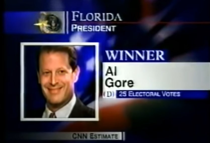 ElectionVintage's tweet image. The moment when CNN incorrectly called Florida for Gore in 2000 (which was of course a matter of dispute).