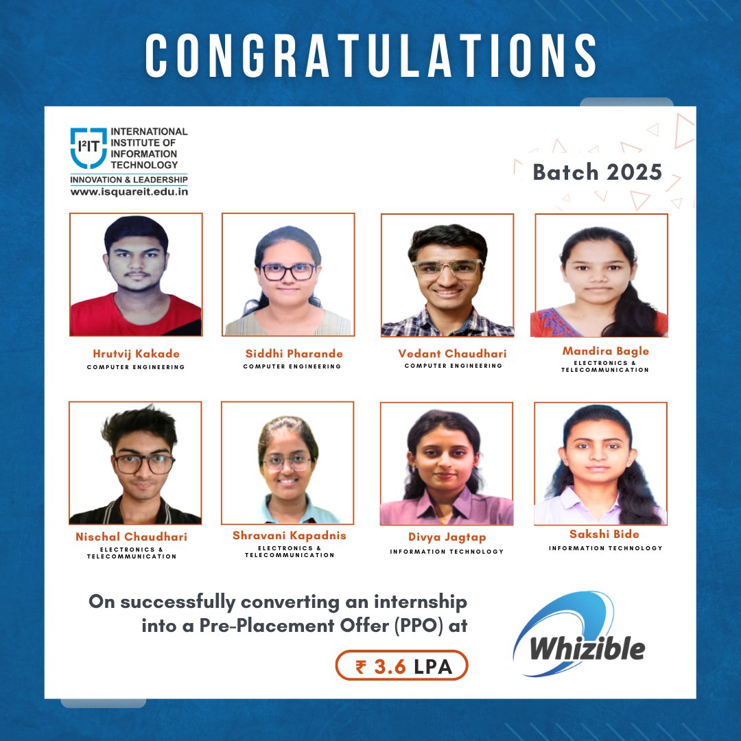 PPOs at <a href="/whiziblepms/">Whizible</a> ! 

Congrats Hrutvij Kakade, Siddhi Pharande, Vedant Chaudhari Mandira Bagle, Nischal Chaudhari, Shravani Kapadnis Divya Jagtap, Sakshi Bide. 

#i2it #isquareitpune #engineersedge #I2ITPlacements #Whizible #ComputerEngineering #InformationTechnology #ETC