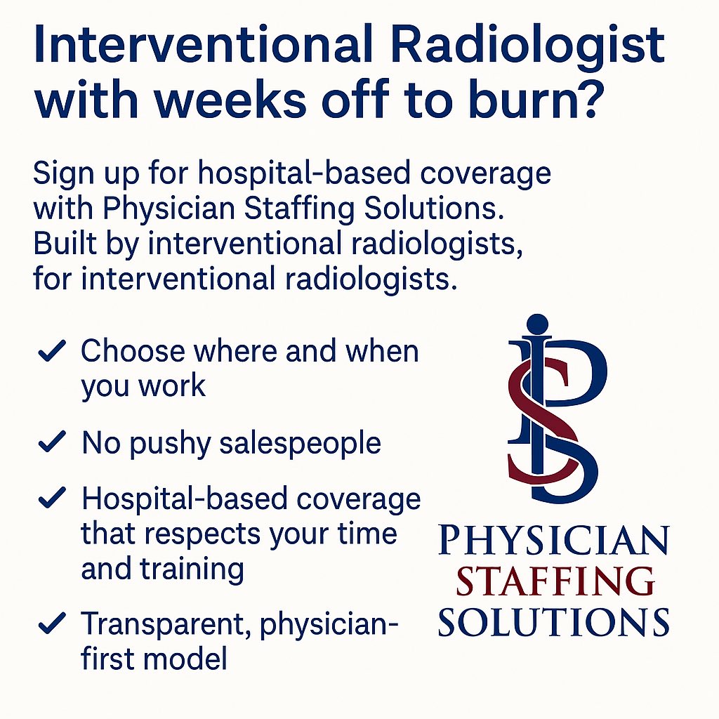 Physician Staffing Solutions (@physstaffsolns) on Twitter photo IRs: Got a few extra weeks off or full-time independent?
Sick of bombardment by pushy locum recruiters who skim 30% off your work?!
We were too. That’s why we built Physician Staffing Solutions — by IRs, for IRs.
🚀 Flexible. Transparent. No BS.
DM to learn more.
#IR IRs: Got a few extra weeks off or full-time independent?
Sick of bombardment by pushy locum recruiters who skim 30% off your work?!
We were too. That’s why we built Physician Staffing Solutions — by IRs, for IRs.
🚀 Flexible. Transparent. No BS.
DM to learn more.
#IR