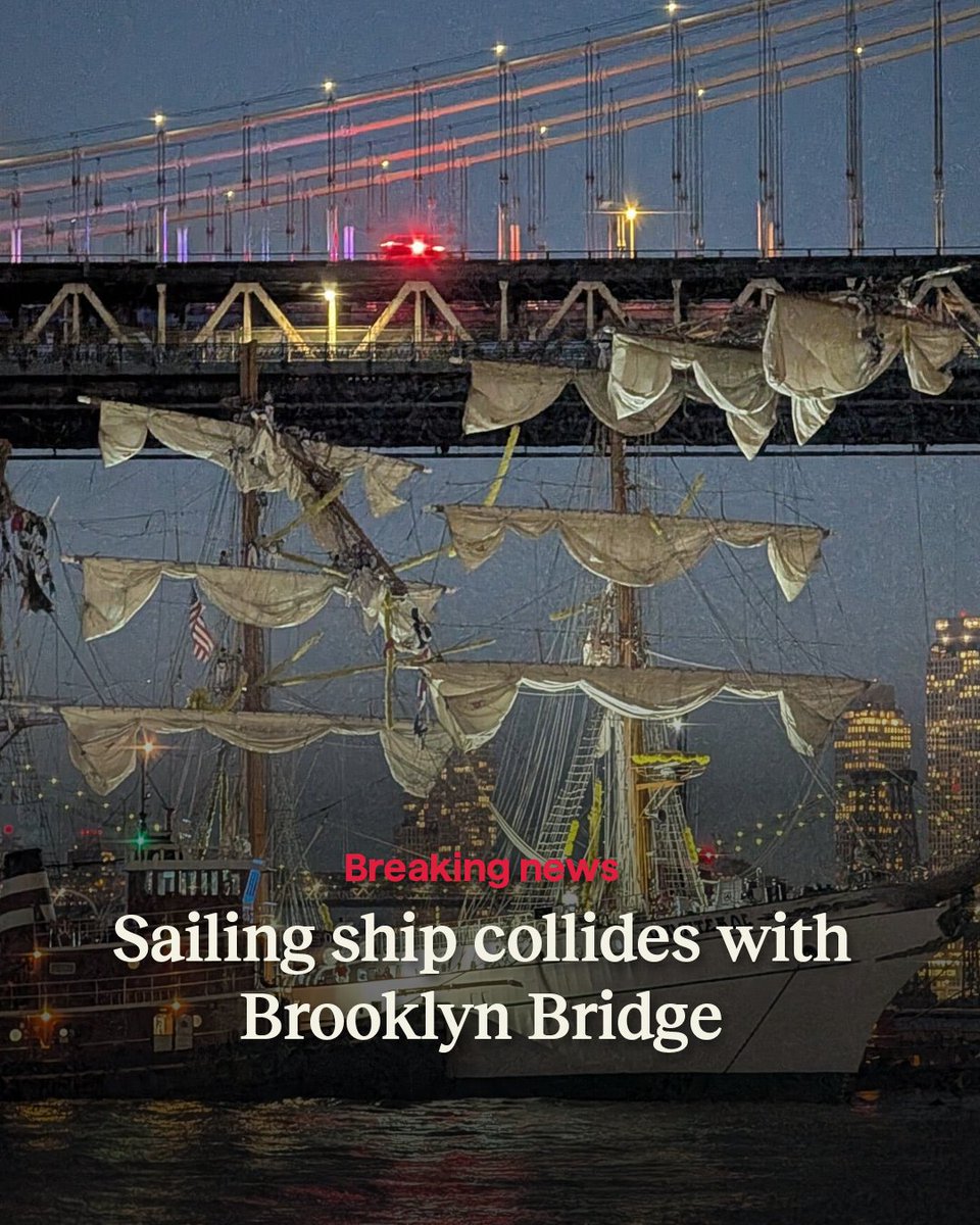 A tall sailing ship collided with the bottom of the Brooklyn Bridge  Saturday night, sending one of its masts toppling and injuring multiple  people, according to police. Latest updates here: https://t.co/GqQsJ6fbGB, image size:960x1200