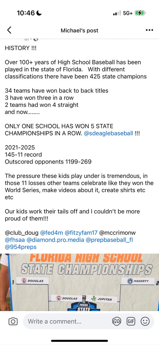 100+ years of HS Baseball in Florida and now there is one school with 5 straight state championships 

<a href="/SDEagleBaseball/">SD Eagles Baseball</a> !!!

What made it even more special is we won it today on 5-17

5 state titles and for the 17 angels we play for every single day 🙏🏻

#statechamps