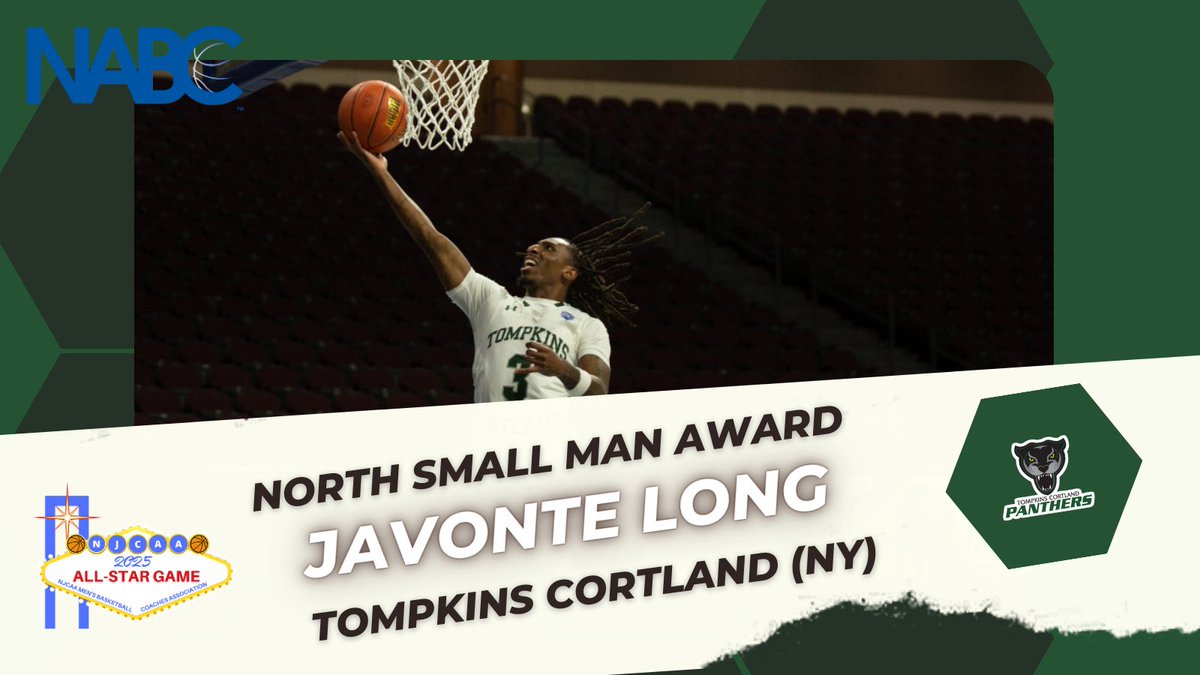 NJCAAMBBCoaches's tweet image. NJCAA ALL-STAR GAME ✨
🗓️SAT. 5/17 | 📍LAS VEGAS, NV
This season's Francis Flax Small Man award went to the North All-Star's Javonte Long of Tompkins Cortland (NY)!
#NJCAABasketball 🏀