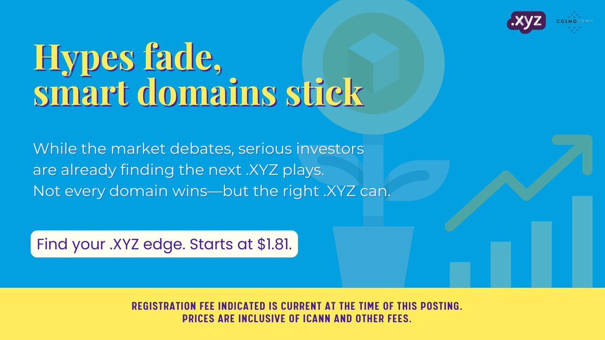 📈 .XYZ domains are still paying off for investors who believe in them.
Follow suit. Register .XYZ domain names with Cosmotown starting at $1.81 only.
cosmotown.com 

#domaininvestor #xyzstrategy #web3domains #Domains