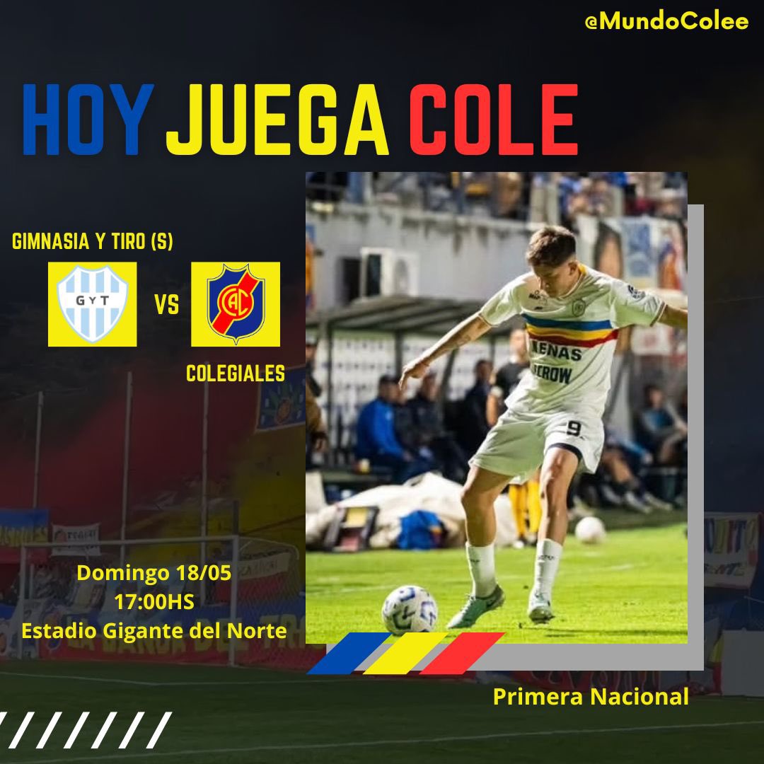 MundoColee's tweet photo. HOY JUEGA COLE 🇷🇴

🆚️ Gimnasia y Tiro de Salta

⌚️17:00hs

🏟 Estadio El gigante del Norte

🏆 Primera Nacional

#colegiales #cole #mundocole #mundocoleenelinterior #munro #primeranacional https://t.co/Hx4qRUXvKm